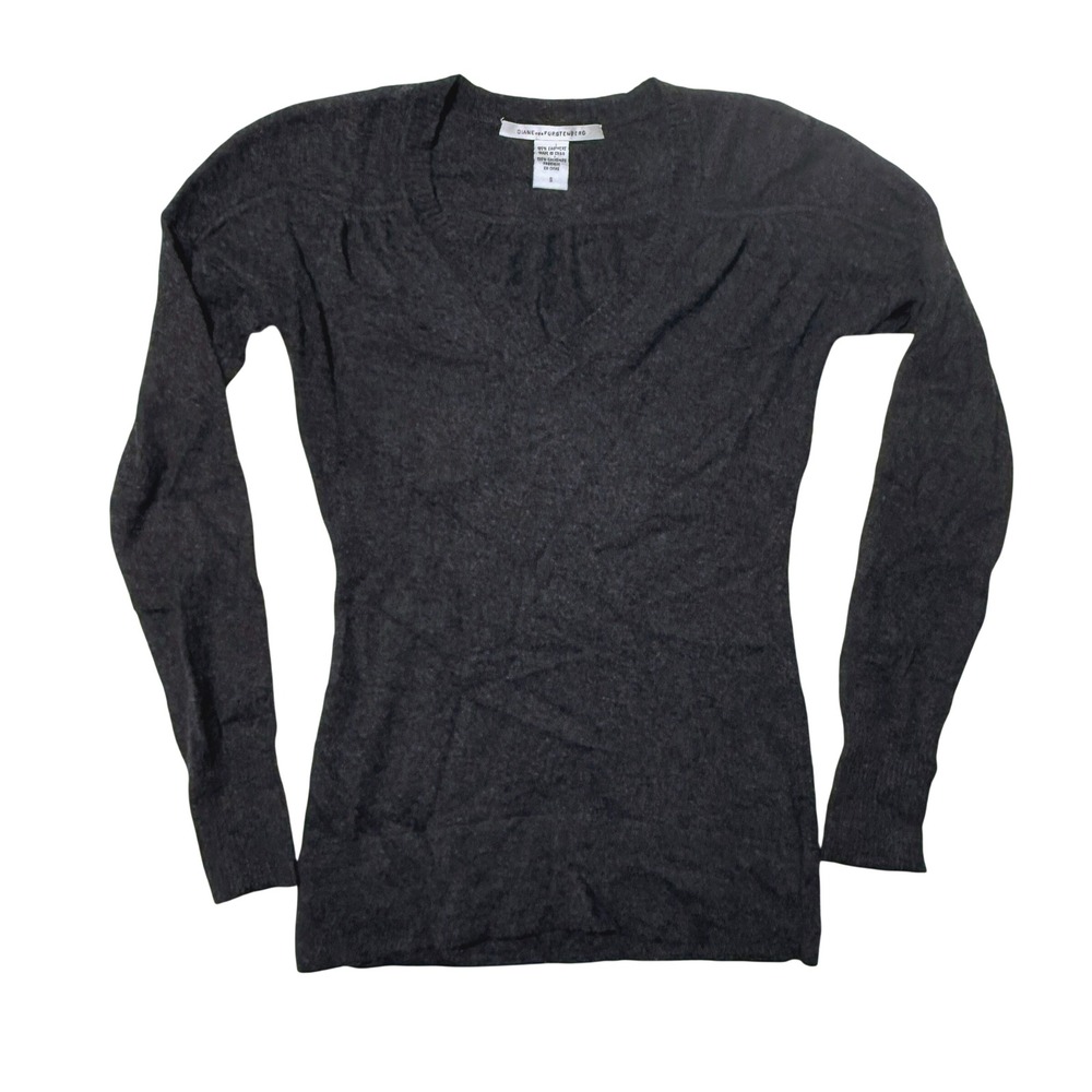 Diane von Furstenberg Gray Cashmere V-Neck Sweater Size S Shirred Shoulder Knit